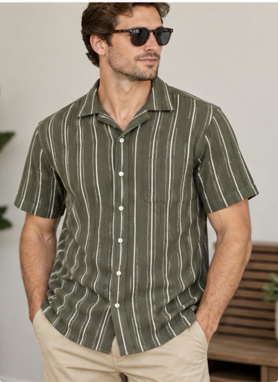 Free Assembly Men’s S Olive Green White Stripe Short Sleeve Button Shirt